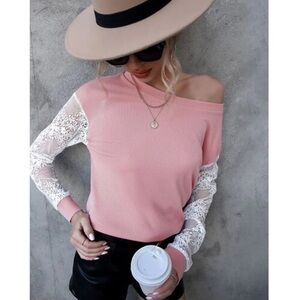 Lace Detail Round Neck Dropped Shoulder T-Shirt NWT Small